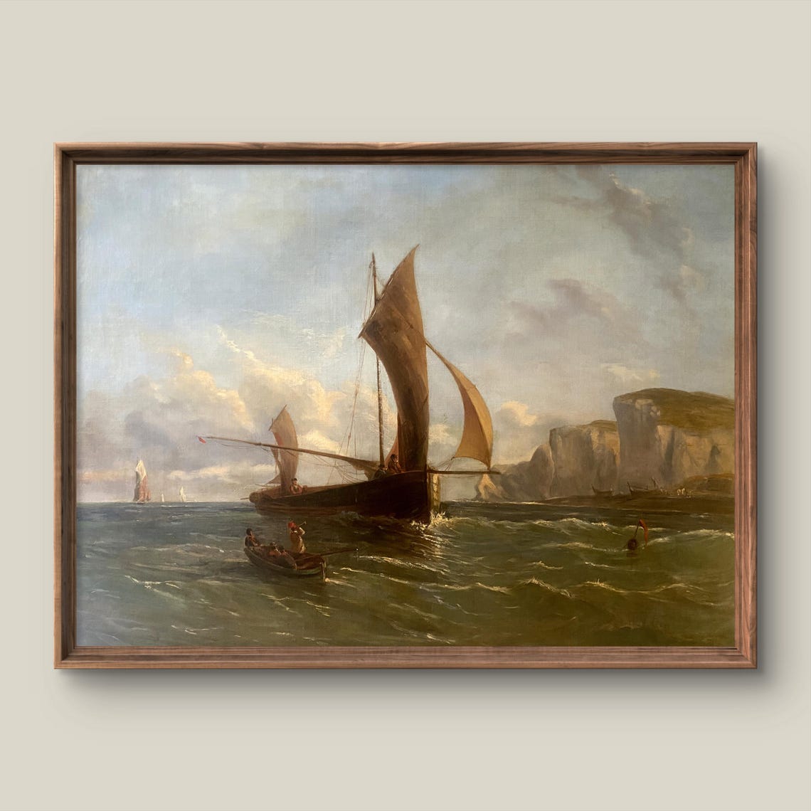 Sailing Ships Near White Cliffs Vintage Maritime Seascape Art Print