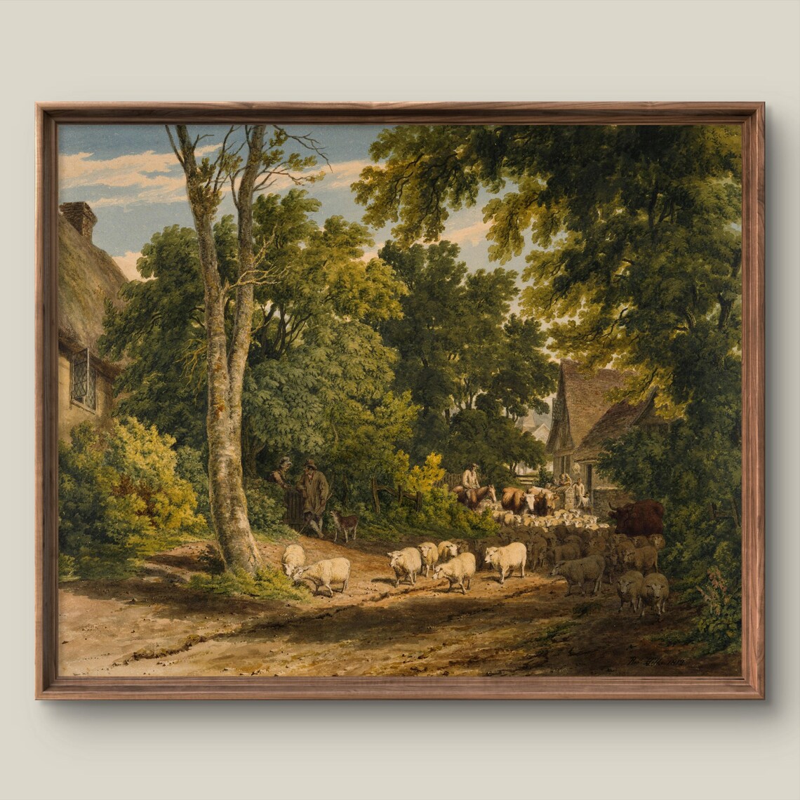 Country Road Sheep Herd Antique Pastoral Oil Painting Wall Poster
