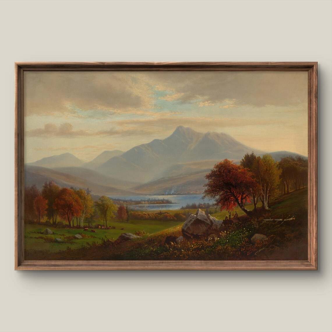 Autumn Valley Lake and Distant Peaks Vintage Mountain Painting Poster