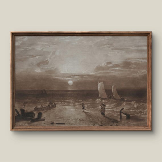 Vintage Summer Seascape Art Print Retro Wall Decor Antique Painting Sunset Instant