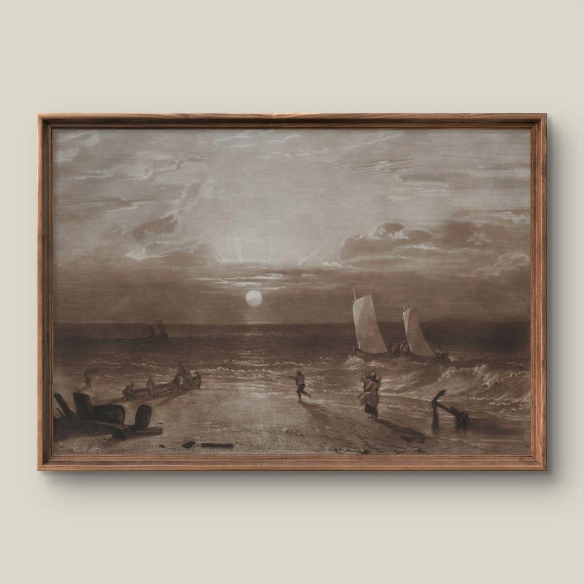 Vintage Sepia Seascape With Sailboats Under A Cloudy Moon Poster