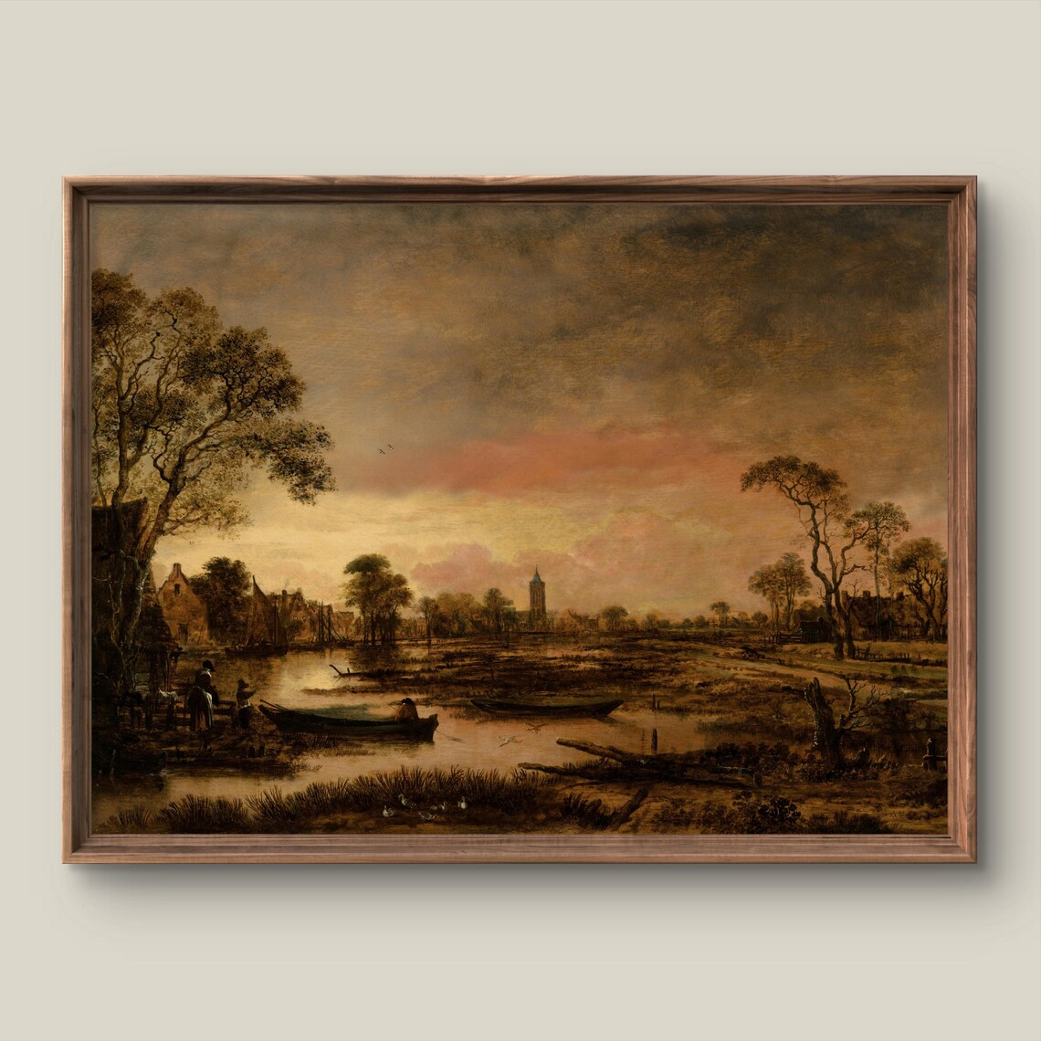 Golden Sunset River Boats Church Tower Vintage Dutch Evening Art Print