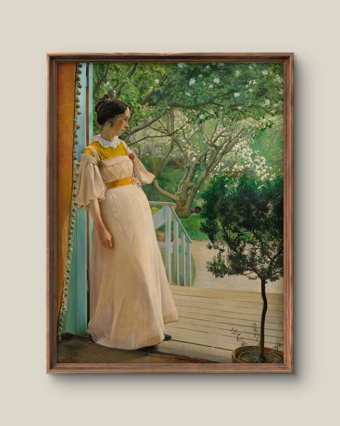 Victorian Lady in a White Gown on a Spring Garden Porch Poster