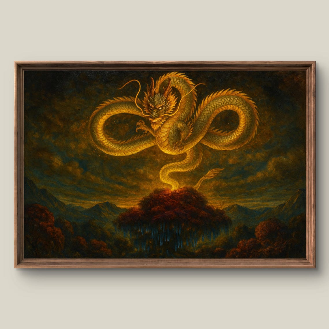 Majestic Golden Dragon Coiled in a Stormy Night Sky Art Print
