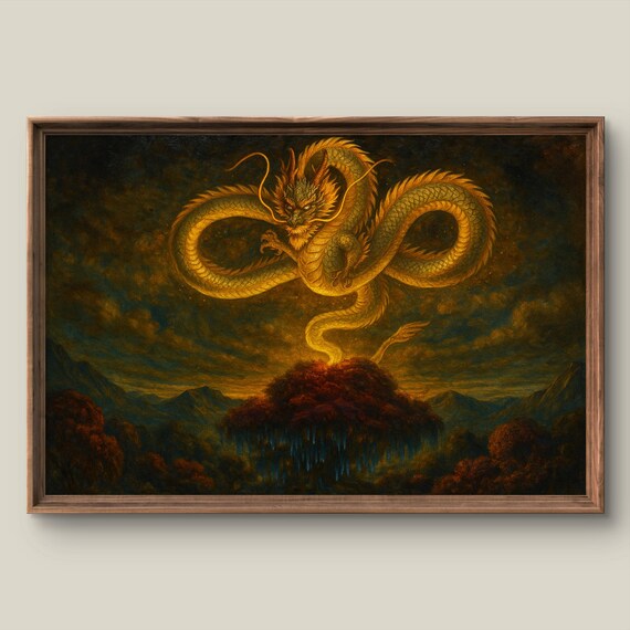 Fantasy Landscape Art Print Mystical Wall Decor Antique Painting Golden Dragon Instant