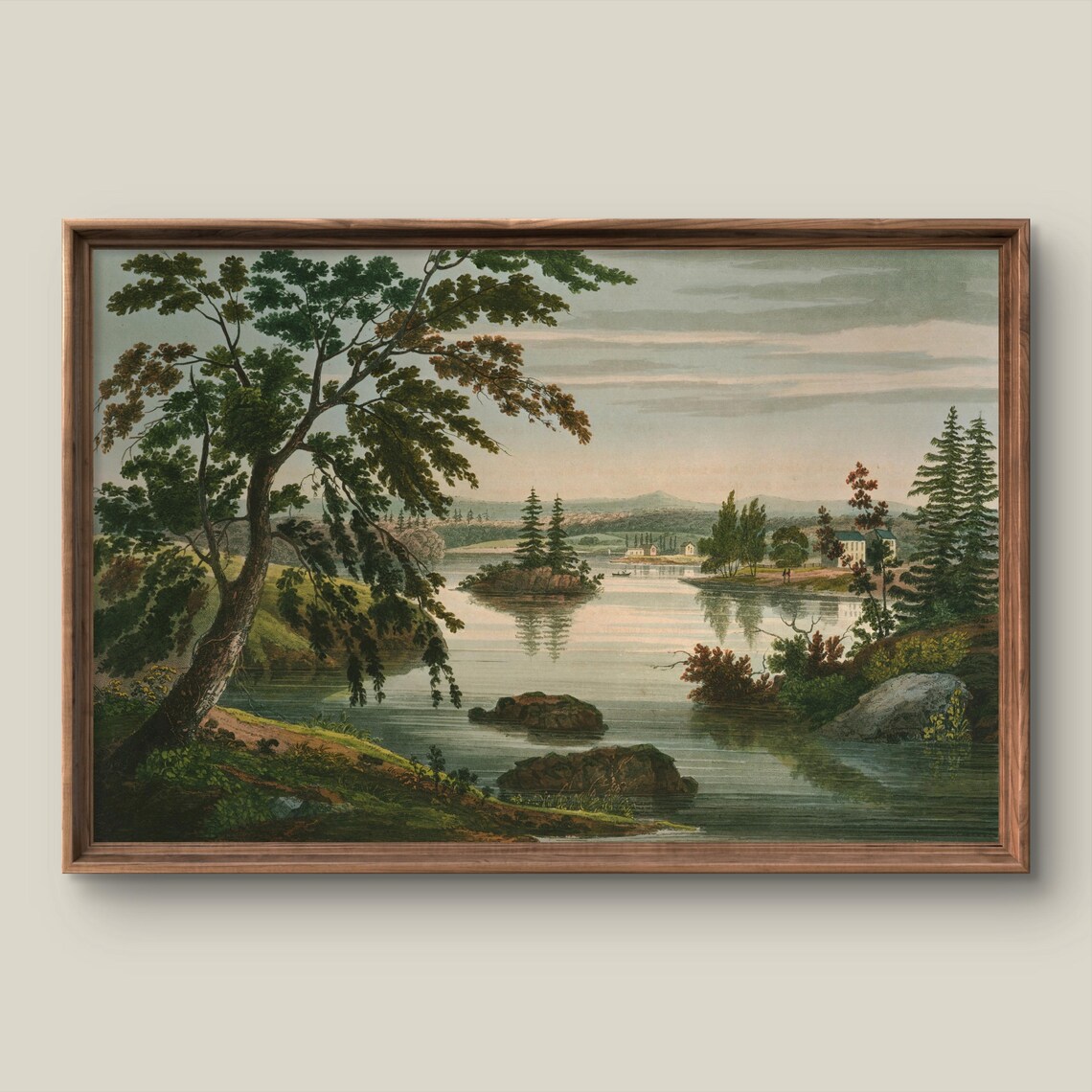 Antique Rocky Lake Islands Oil Painting Poster with Birch Trees Art