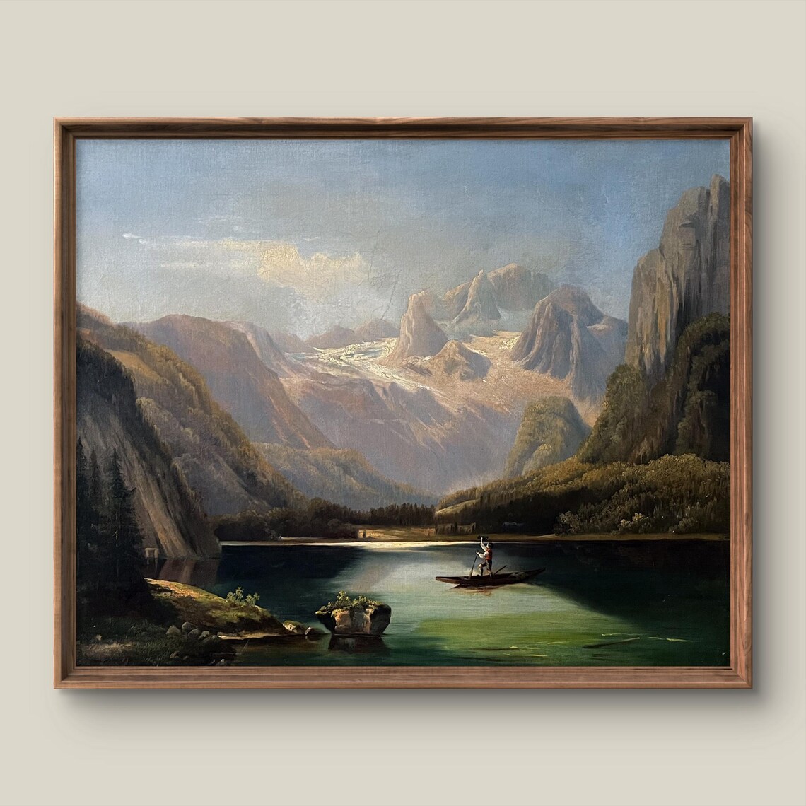 Vintage Alpine Lake Boatman Canoe Mountain Oil Painting Art Print