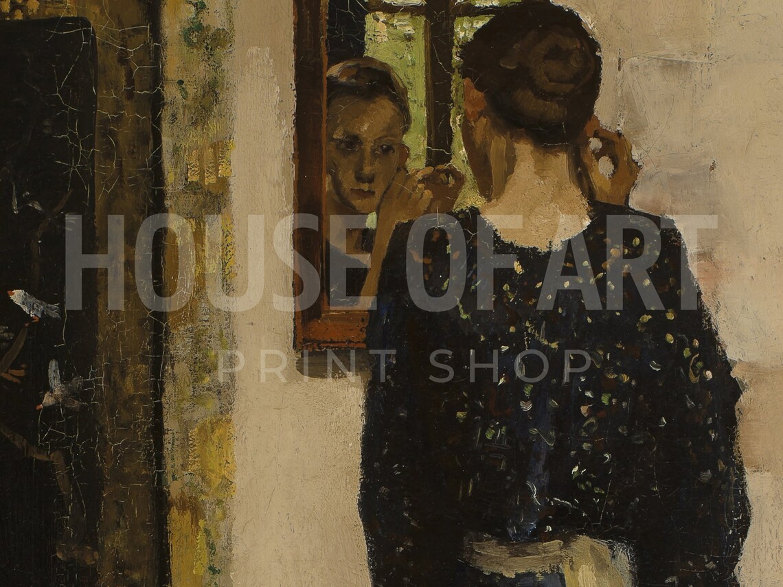 Woman Before Mirror Vintage Dark Dress Portrait Painting Art Poster - Image 2