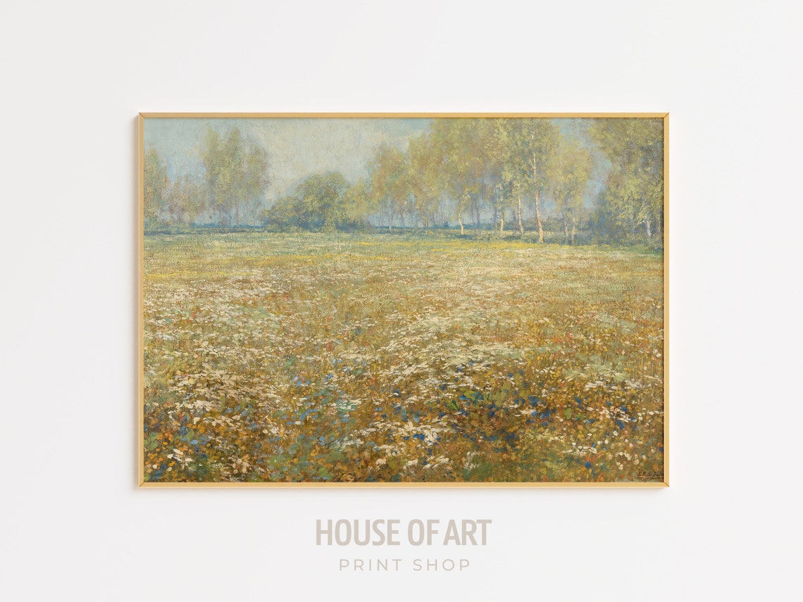 Meadow Landscape Painting Vintage Country Landscape Print Wildflower Landscape Farmhouse Decor Country Field Wall Art Meadow Wall Art