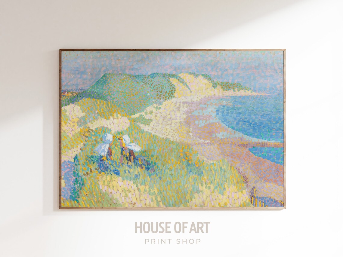 Sunlit Coastal Dunes Overlooking Blue Sea Pointillist Style Painting Print