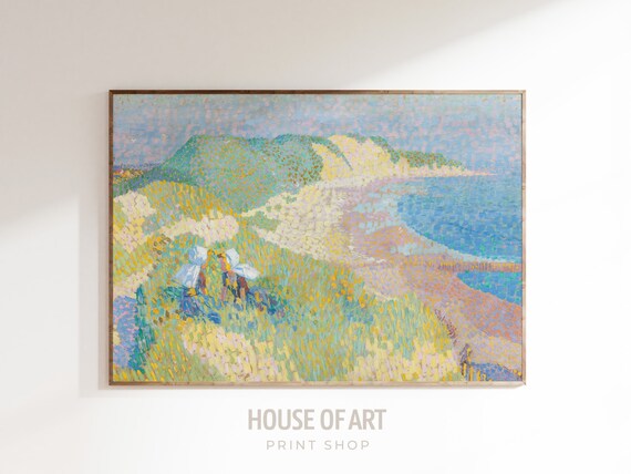 Sunlit Coastal Dunes Overlooking Blue Sea Pointillist Style Painting Print