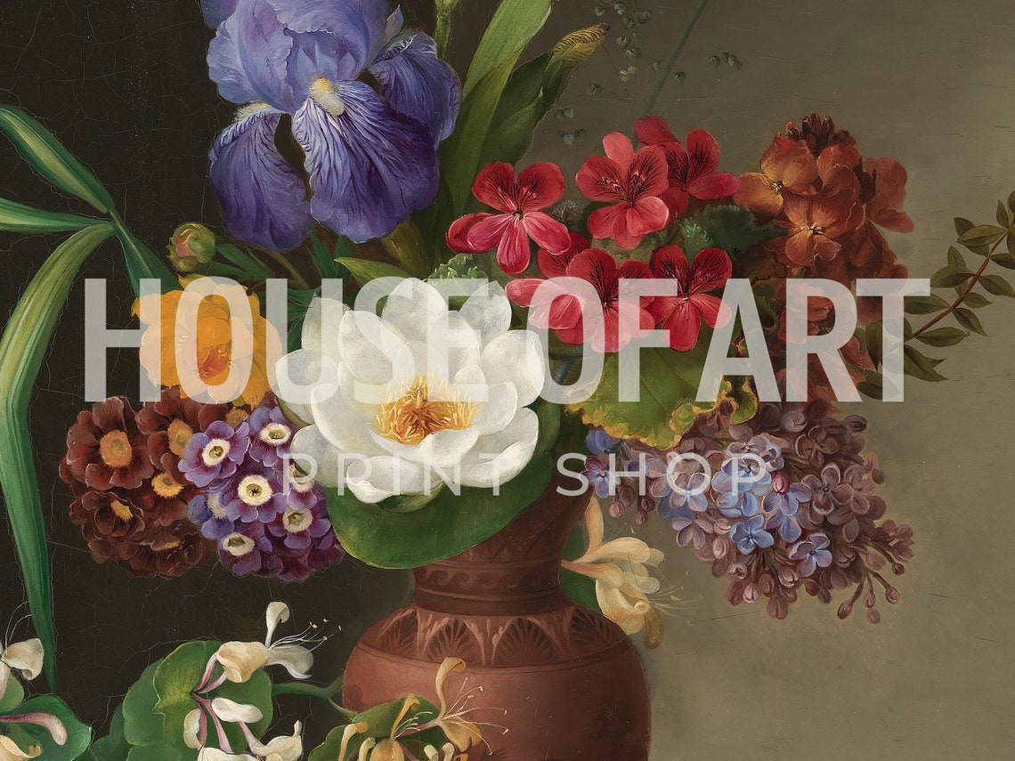 Lush Bouquet Terracotta Vase Iris Geranium Vintage Floral Poster - Image 2