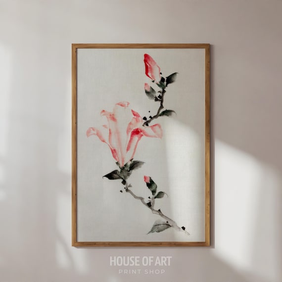 Japanese Ink Wash Pink Blossom Branch Minimalist Botanical Print