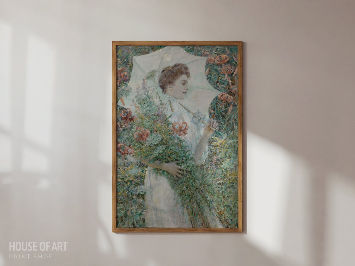 Vintage Portrait Art Dreamy White Parasol Instant Print Woman In Flower Garden Oil Painting Summer White Dress