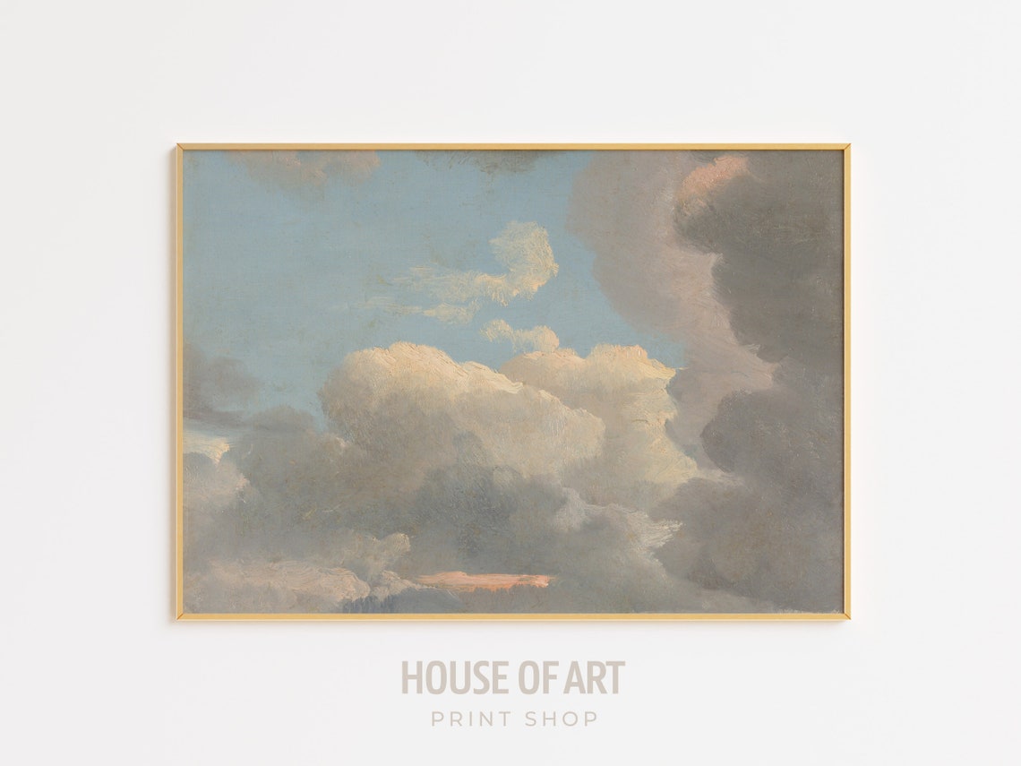 Soft White Clouds Blue Sky Sunset Glow Vintage Sky Painting Poster