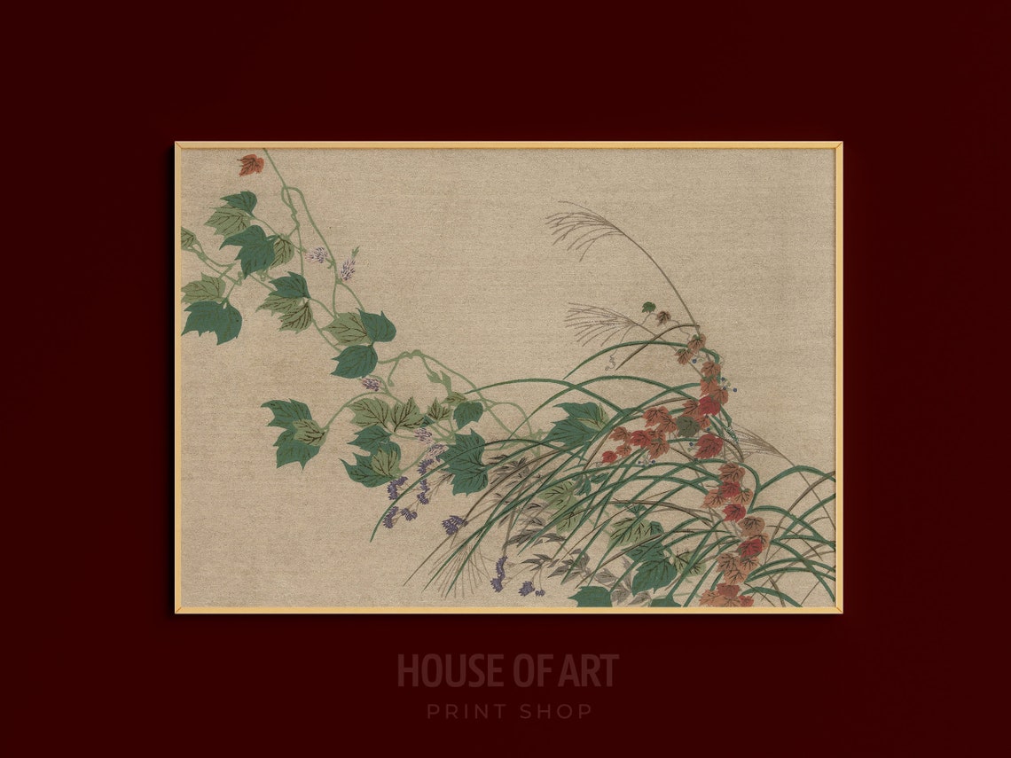 Japanese Vintage Woodblock Ivy And Grasses Autumn Botanical Art Print - Image 3