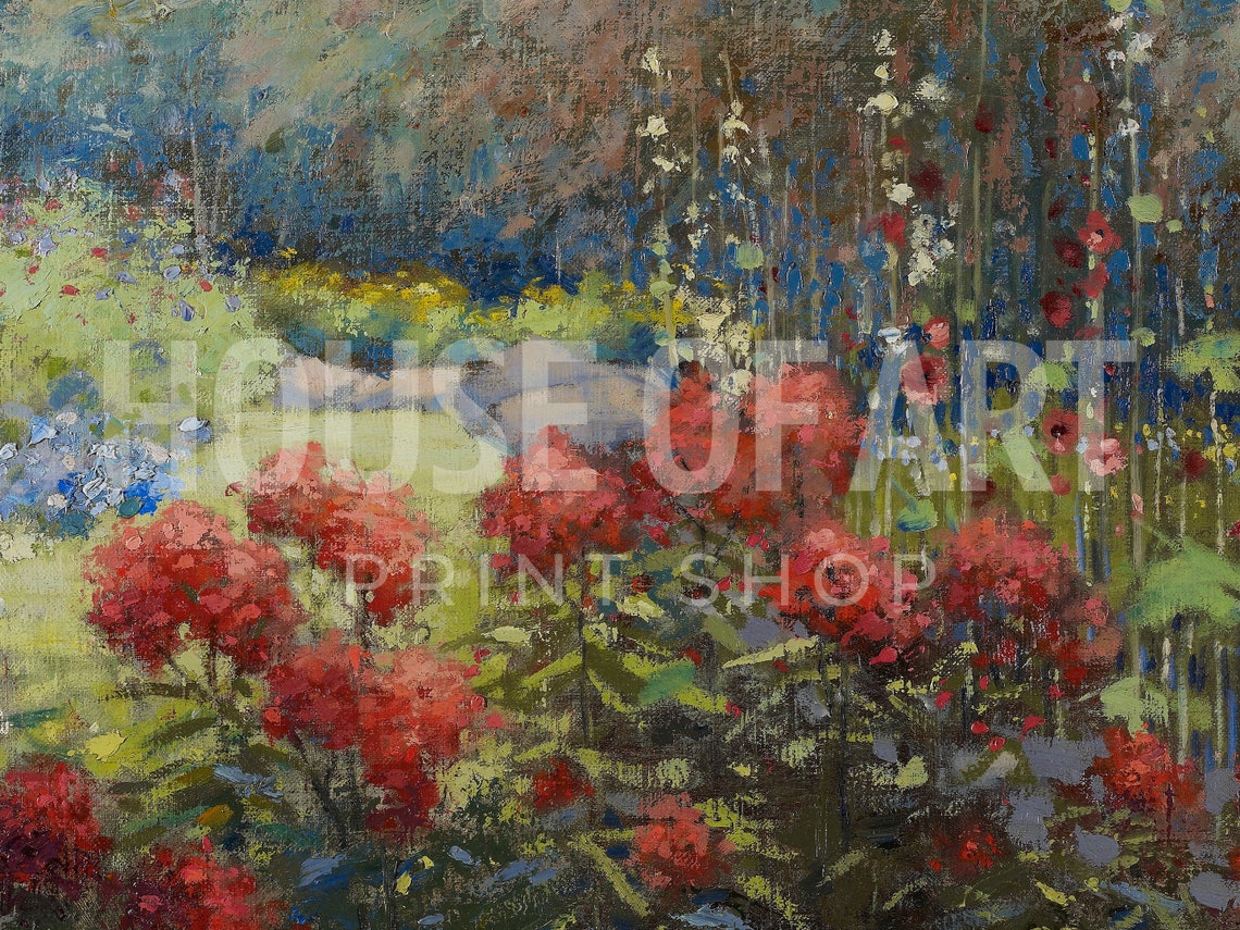 Red Blossoms Flower Garden Impressionist September Painting Poster - Image 3