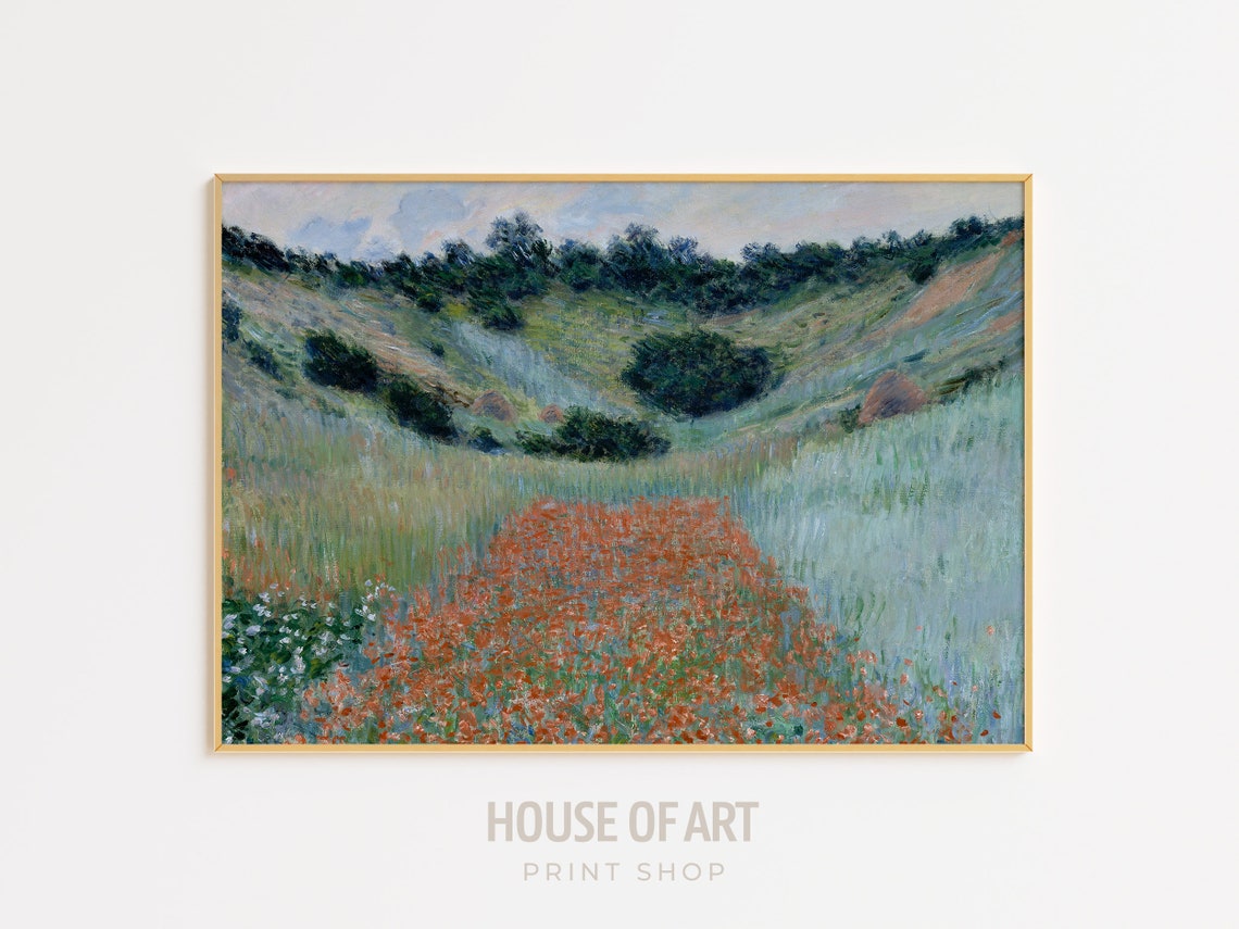 Poppy Field Print Impressionist Landscape Painting Vintage Meadow Flowers Poppy Wall Art French Country Flower Print Wall Art