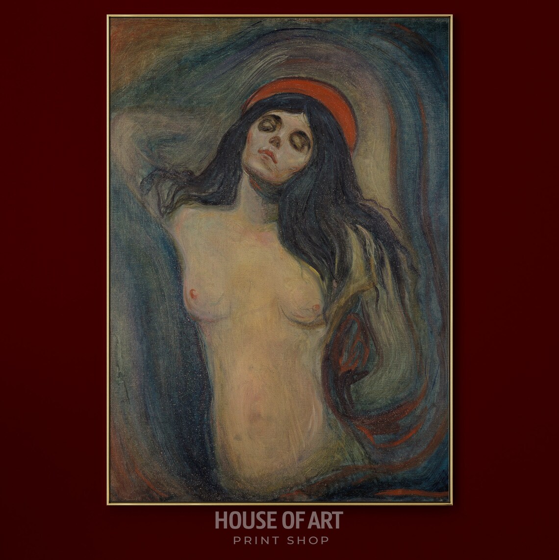 Madonna Woman Red Halo Black Hair Symbolist Oil Painting Poster - Image 3