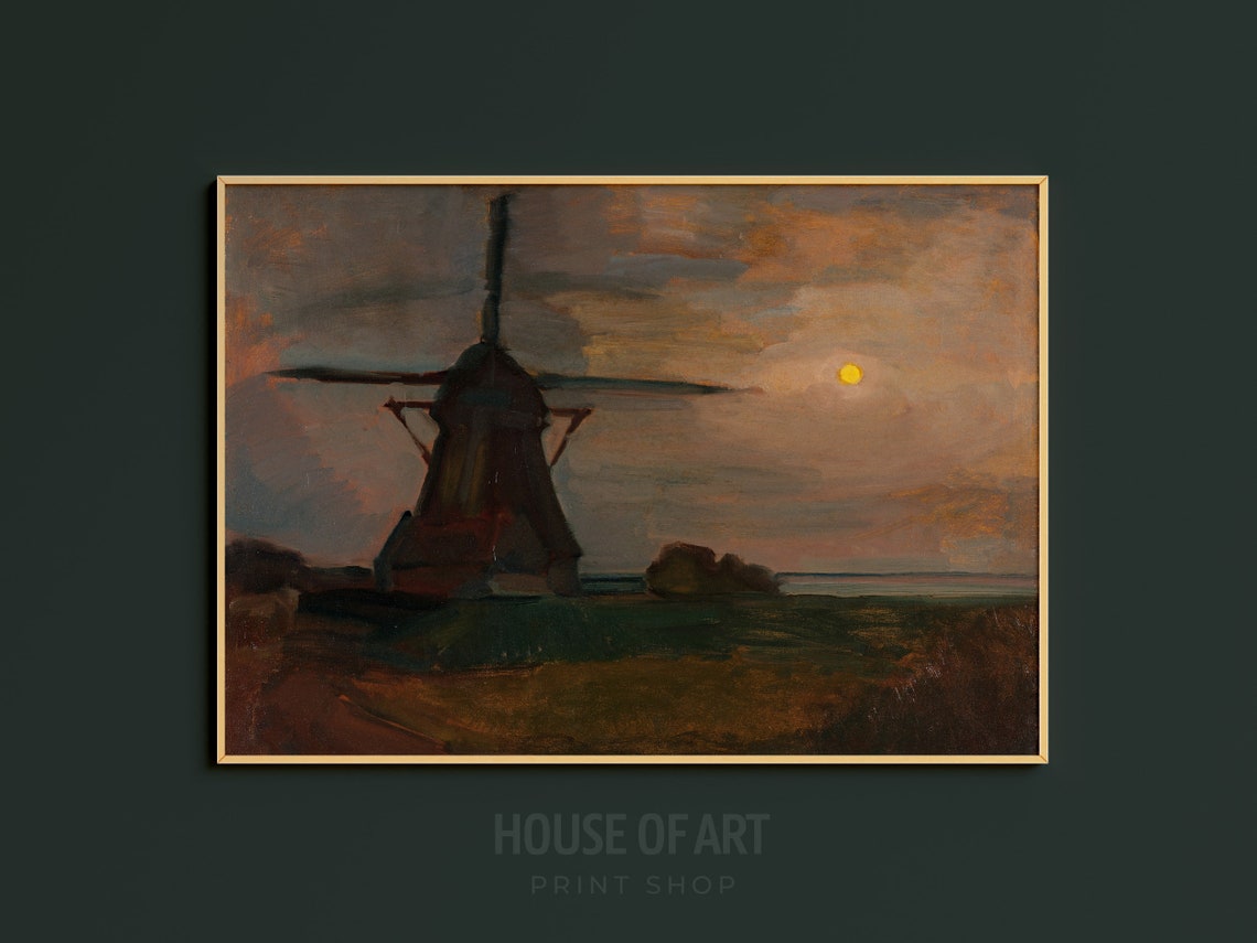 Windmill By Moonlight Dutch Night Landscape Earth Tone Oil Poster - Image 3