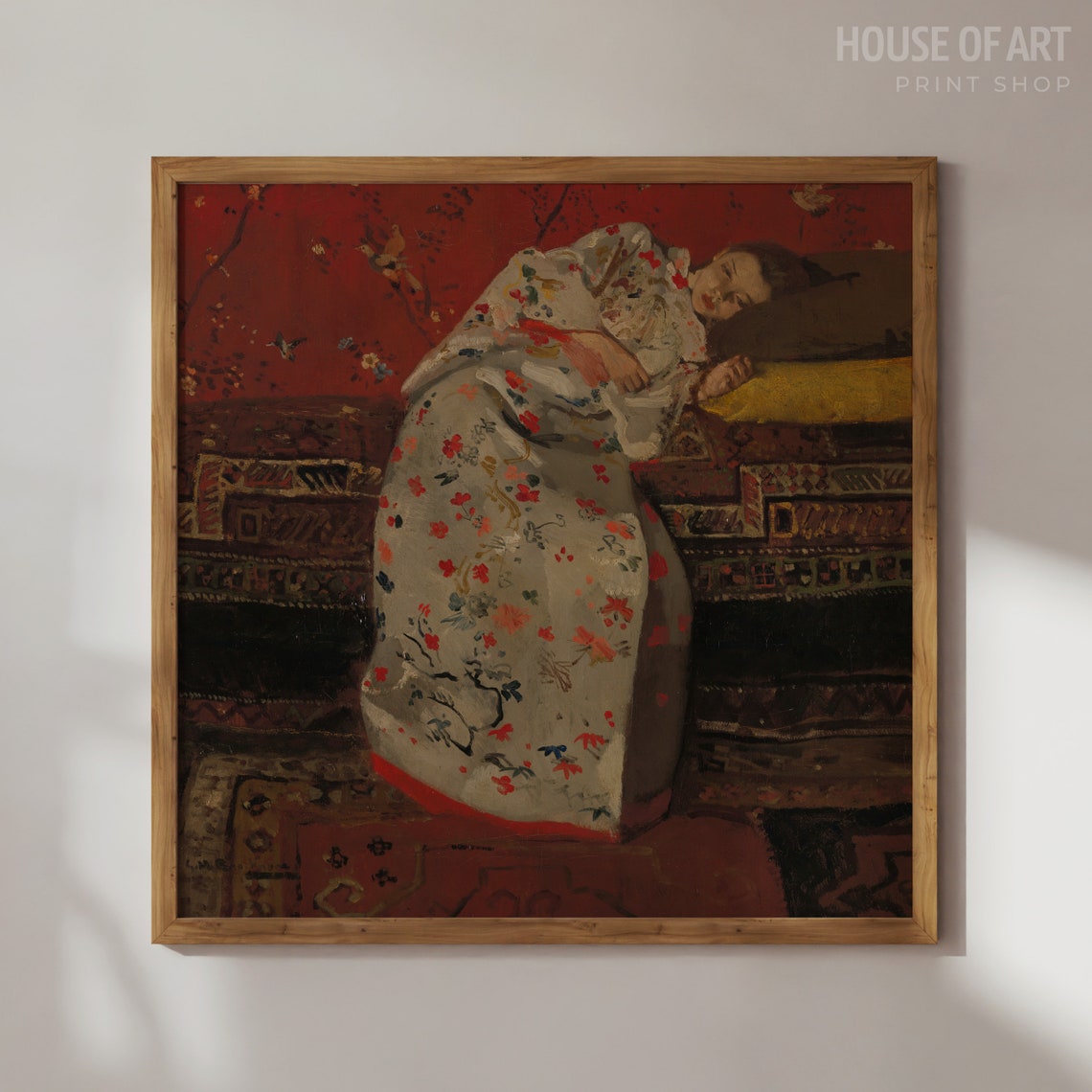 Moody Woman Portrait Painting Girl In White Kimono Muted Vintage Print Antique Young Woman Portrait Art Neutral Wall Art