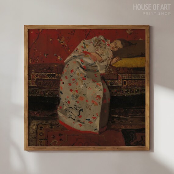 Moody Woman Portrait Painting Girl In White Kimono Muted Vintage Print Antique Young Woman Portrait Art Neutral Wall Art