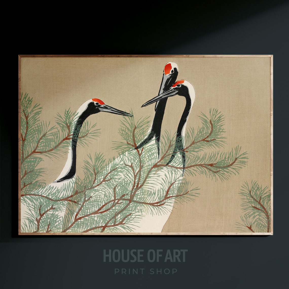 Three Red Crowned Cranes Pine Japanese Woodcut Bird Art Poster - Image 3