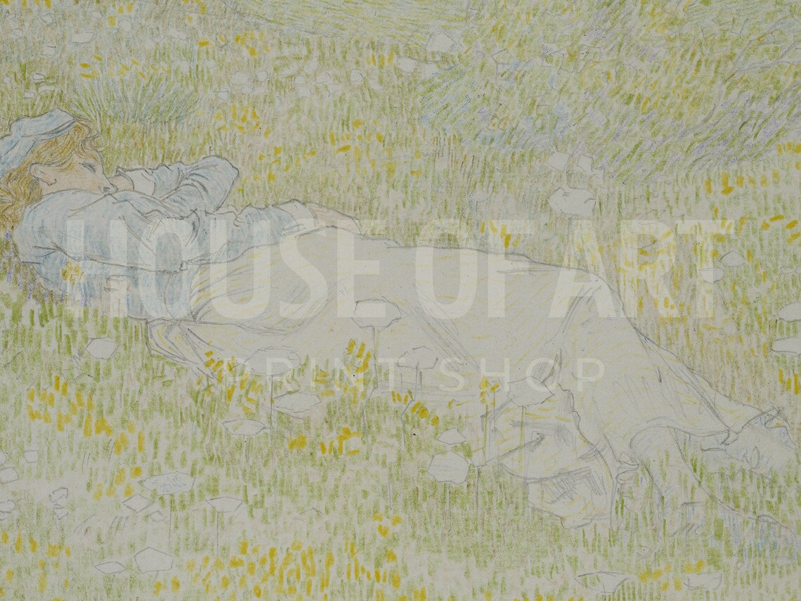 Woman Reclining In Wildflower Meadow Vintage Sketch Style Art Print - Image 2