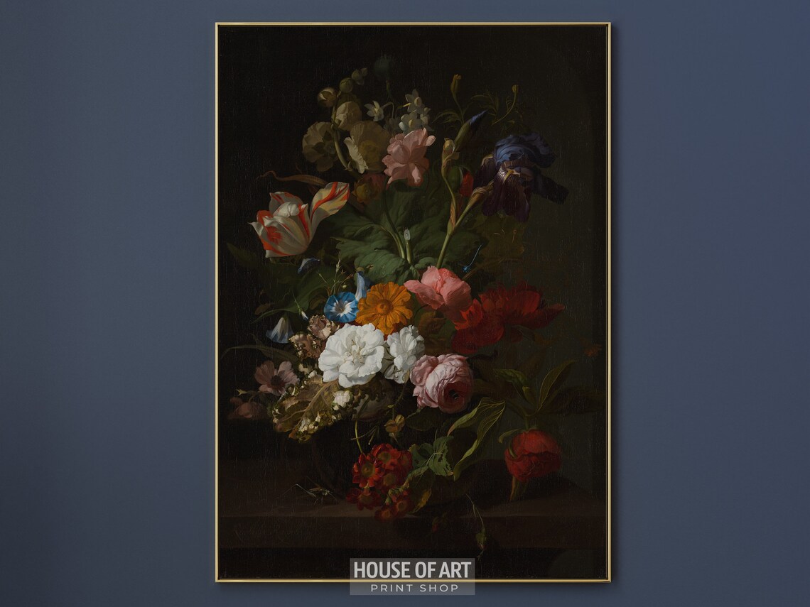 Moody Antique Floral Still Life Tulips Roses Iris Dark Oil Print - Image 2