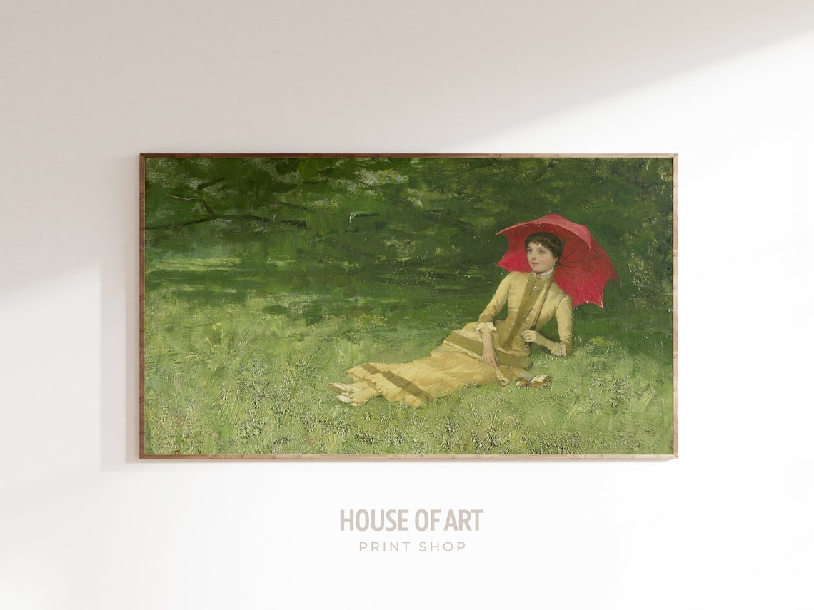 Frame Tv Art 4k Vintage Portrait Of A Woman Laying In The Park Oil Painting Red Umbrella Shade Summer Elegant Girl Garden - Image 3
