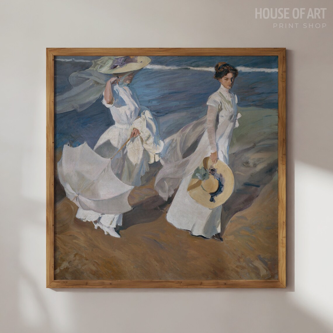 Sorolla Strolling Seashore Two Women White Dresses Beach Oil Painting Poster
