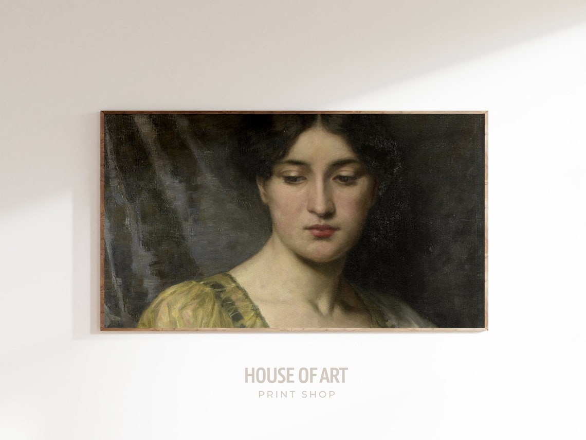 Frame Tv Art Vintage Portrait Oil Painting Classic Beautiful Female Antique Artwork Serene Pale Woman With Dark Hair