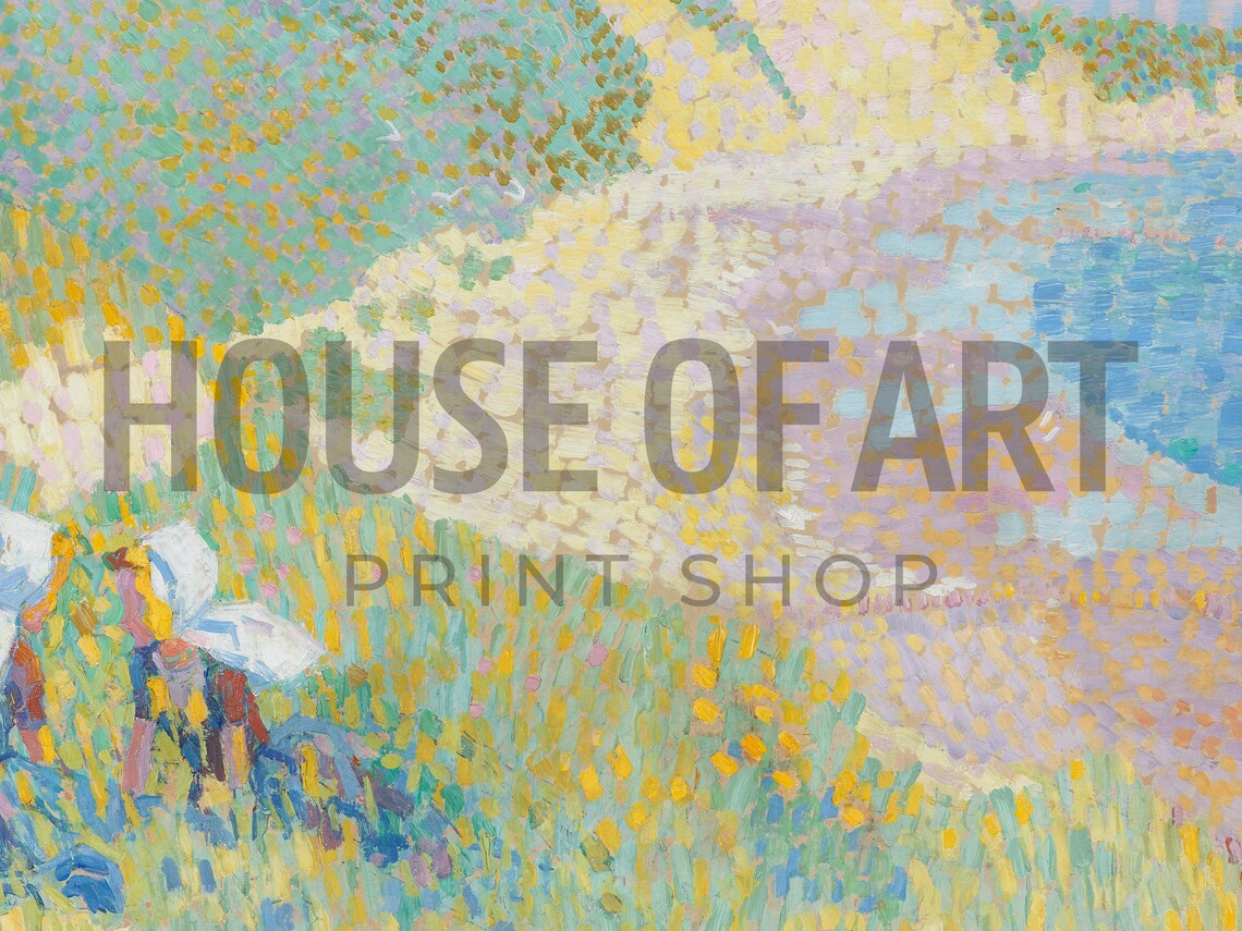 Sunlit Coastal Dunes Overlooking Blue Sea Pointillist Style Painting Print - Image 2