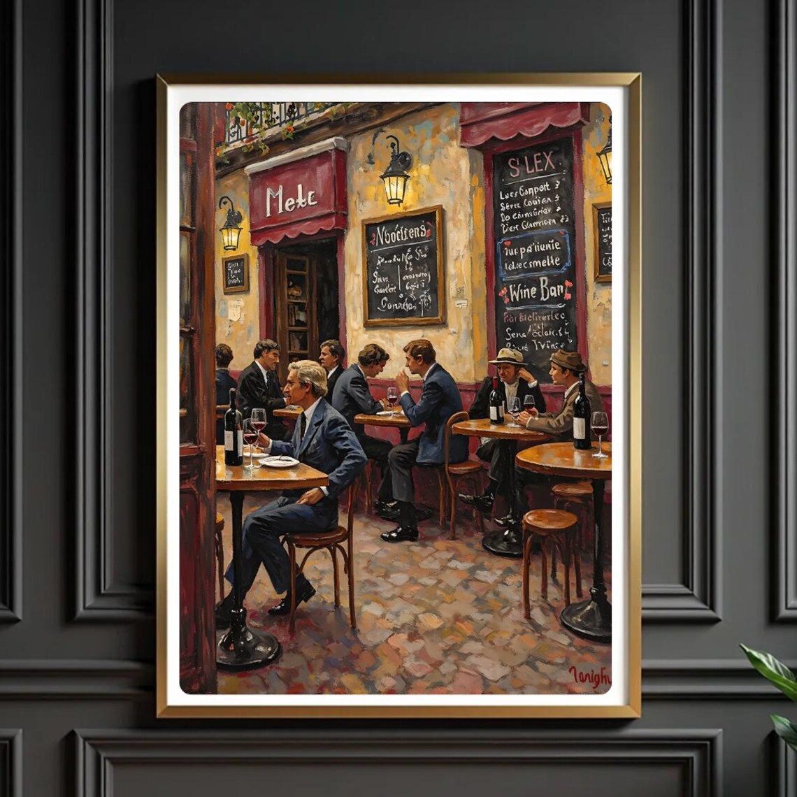 Vintage French Bistro Wine Bar Gathering Oil Painting Poster