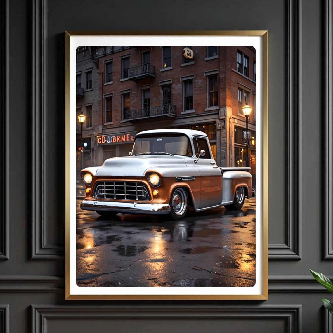 1957 Chevy Pickup Truck Night City Street Vintage Car Poster