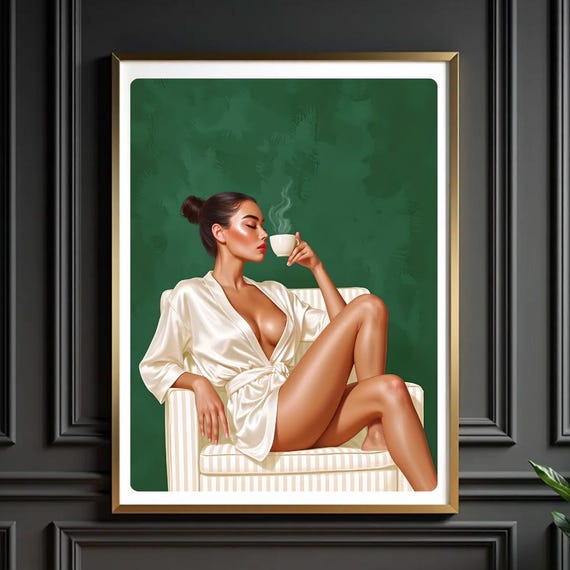 Emerald Green Woman Art Print Sensual Coffee Lover