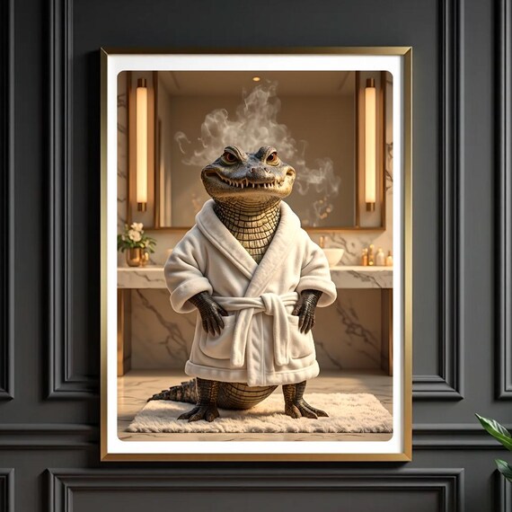 Funny Alligator In Bathrobe Relaxing Luxury Spa Bathroom Poster