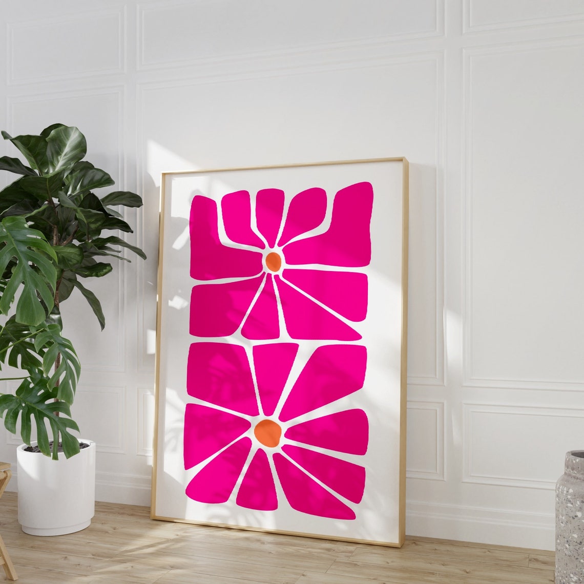 Hot Pink Groovy Flower Heads Orange Centers Boho Poster Art Decor - Image 3