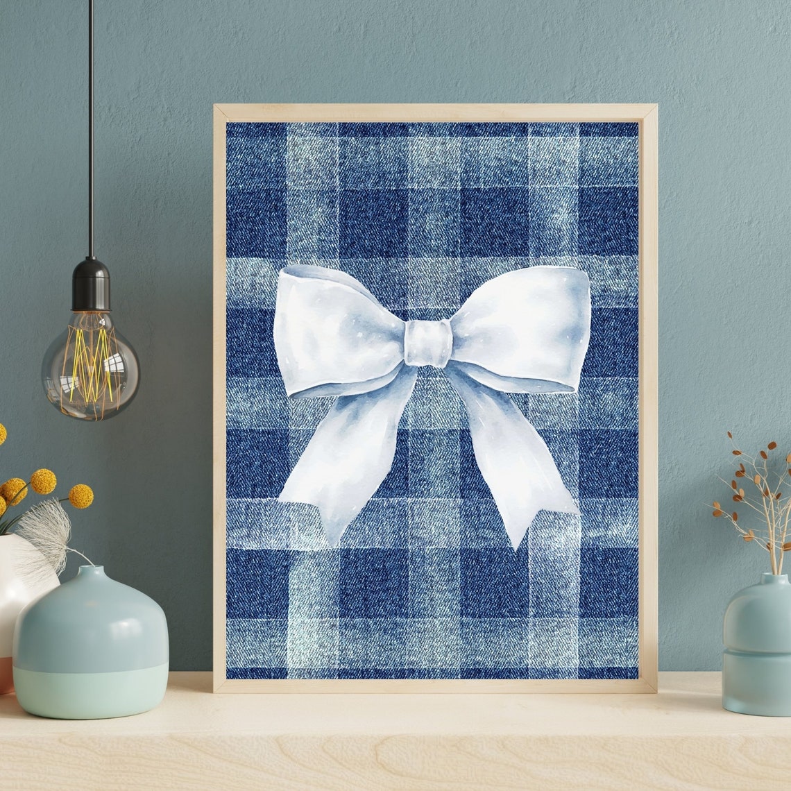 Denim Plaid Blue Check Big White Bow Coquette Western Style Poster - Image 2