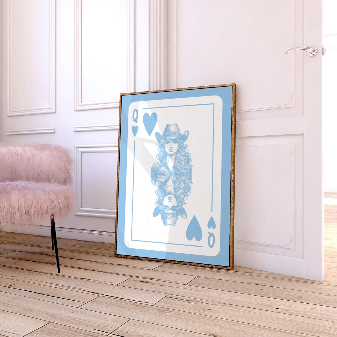 Cowgirl Queen Of Hearts Playing Card Blue Western Style Poster - Image 3