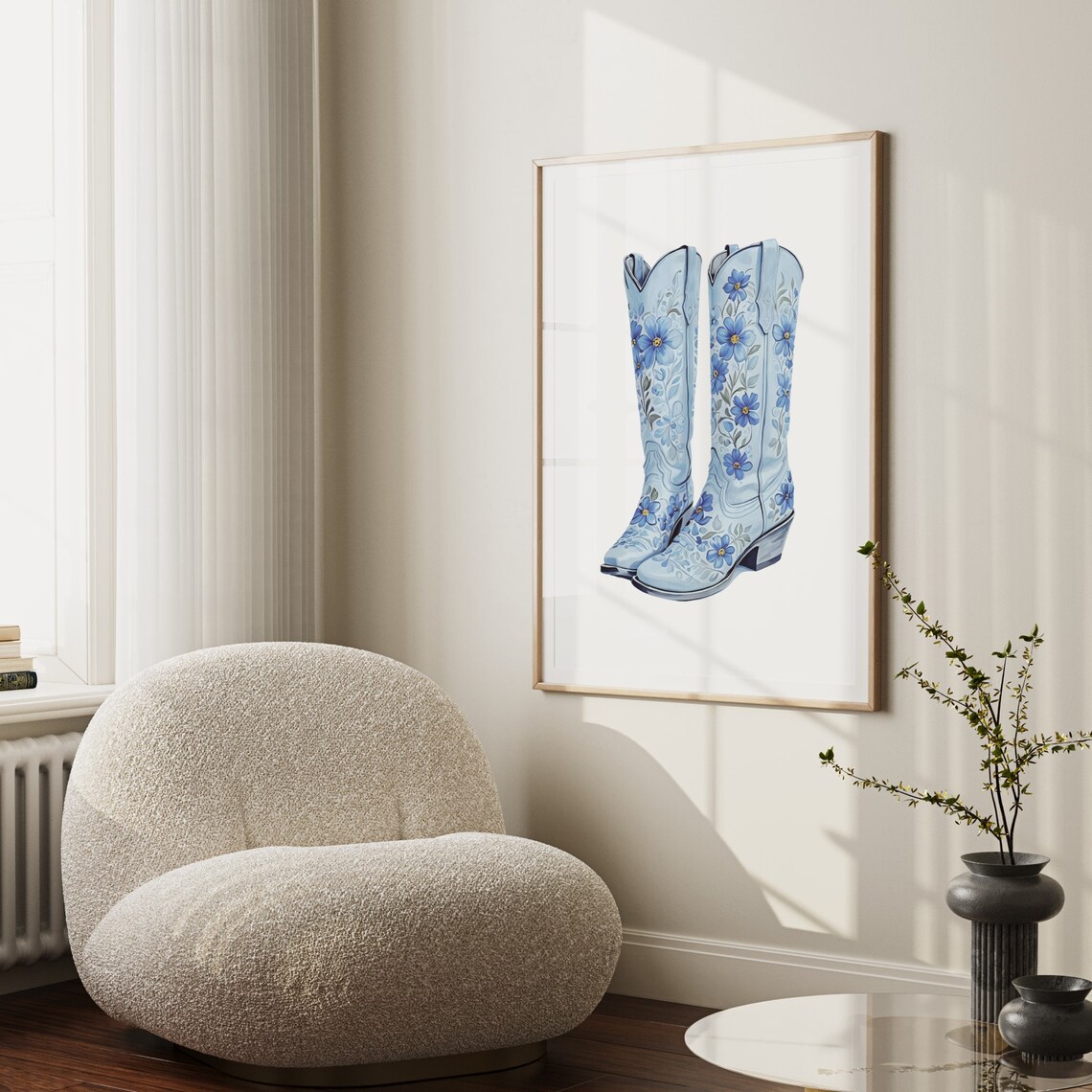 Blue Floral Cowboy Boots Chinoiserie Western Coastal Poster Fun Home Decor - Image 2