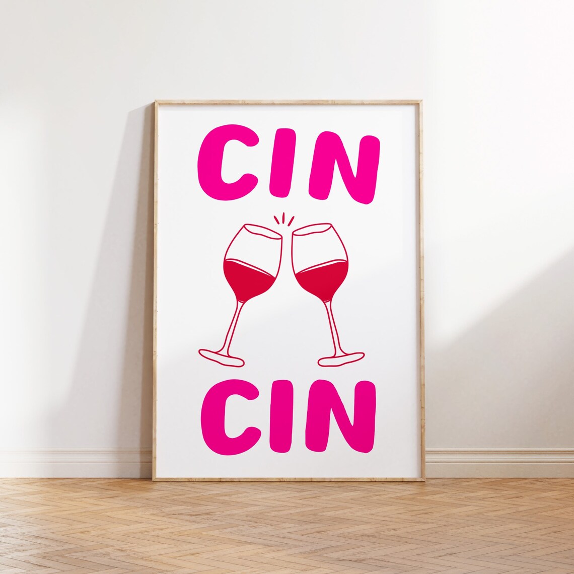Cin Cin Pink Wine Glass Poster Retro Kitchen Bar Cart Cheers Wall Decor