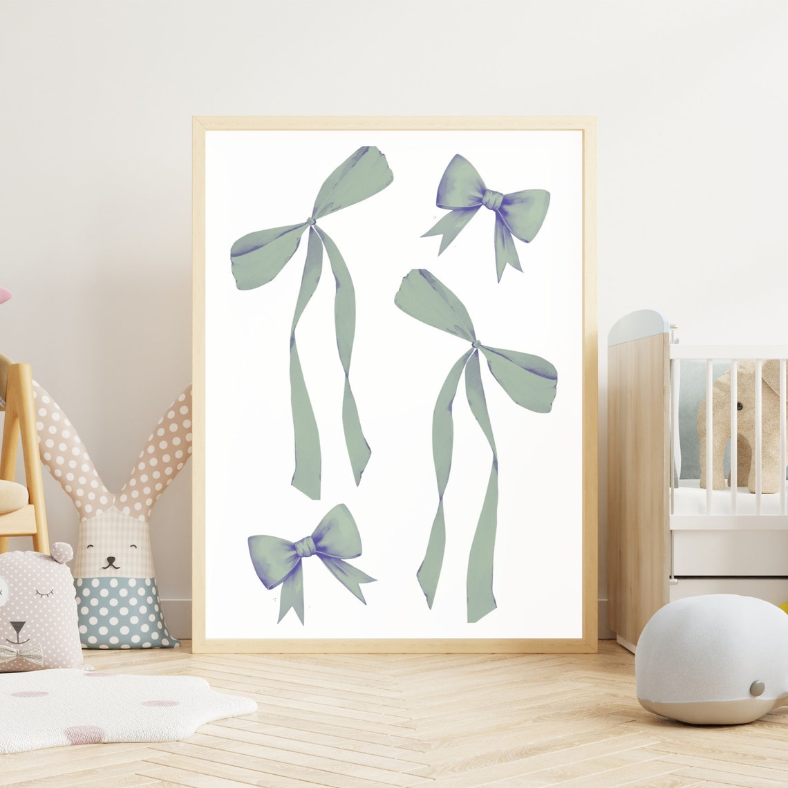 Sage Green Ribbon Bow Watercolor Set Four Bows Minimalist Art Print - Image 2