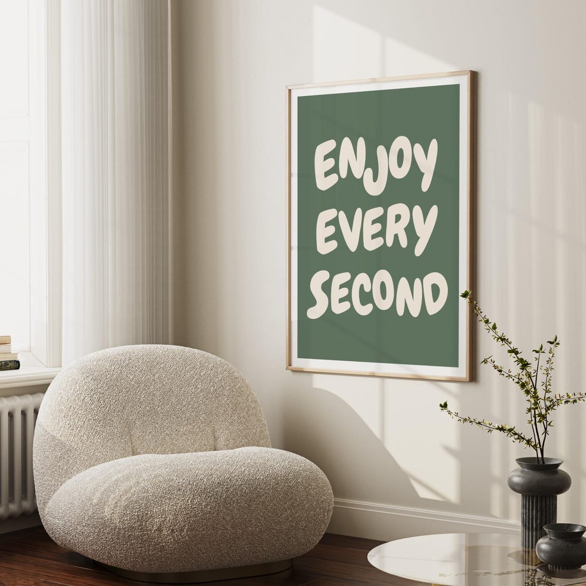 Enjoy Every Second Cream Bubble Letters Green Retro Quote Poster - Image 4