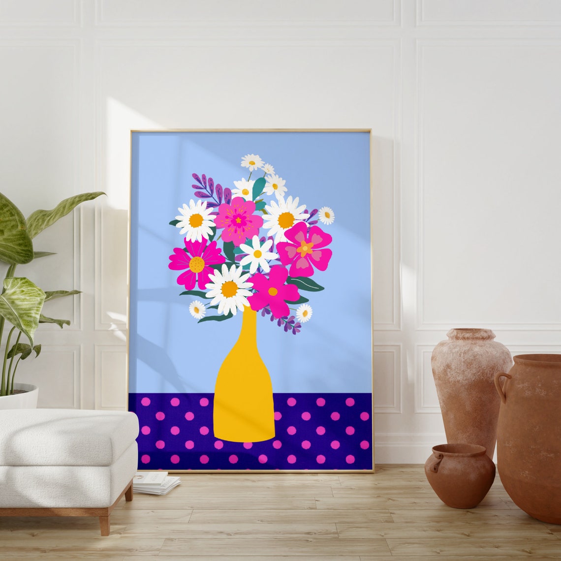 Daisy Bouquet Yellow Vase Polka Dot Table Bold Floral Poster - Image 4
