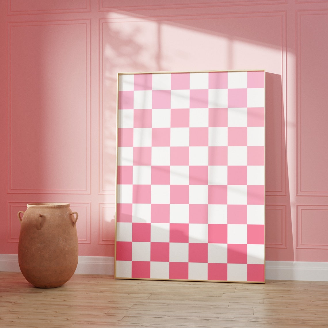 Pink White Checkerboard Retro Funky Bold Pattern Wall Poster - Image 2