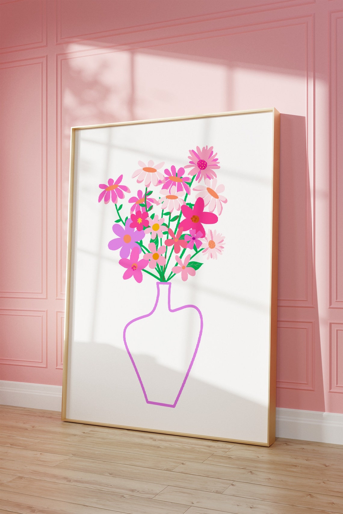 Pink Flower Bouquet Vase Line Art Dopamine Floral Wall Poster - Image 4