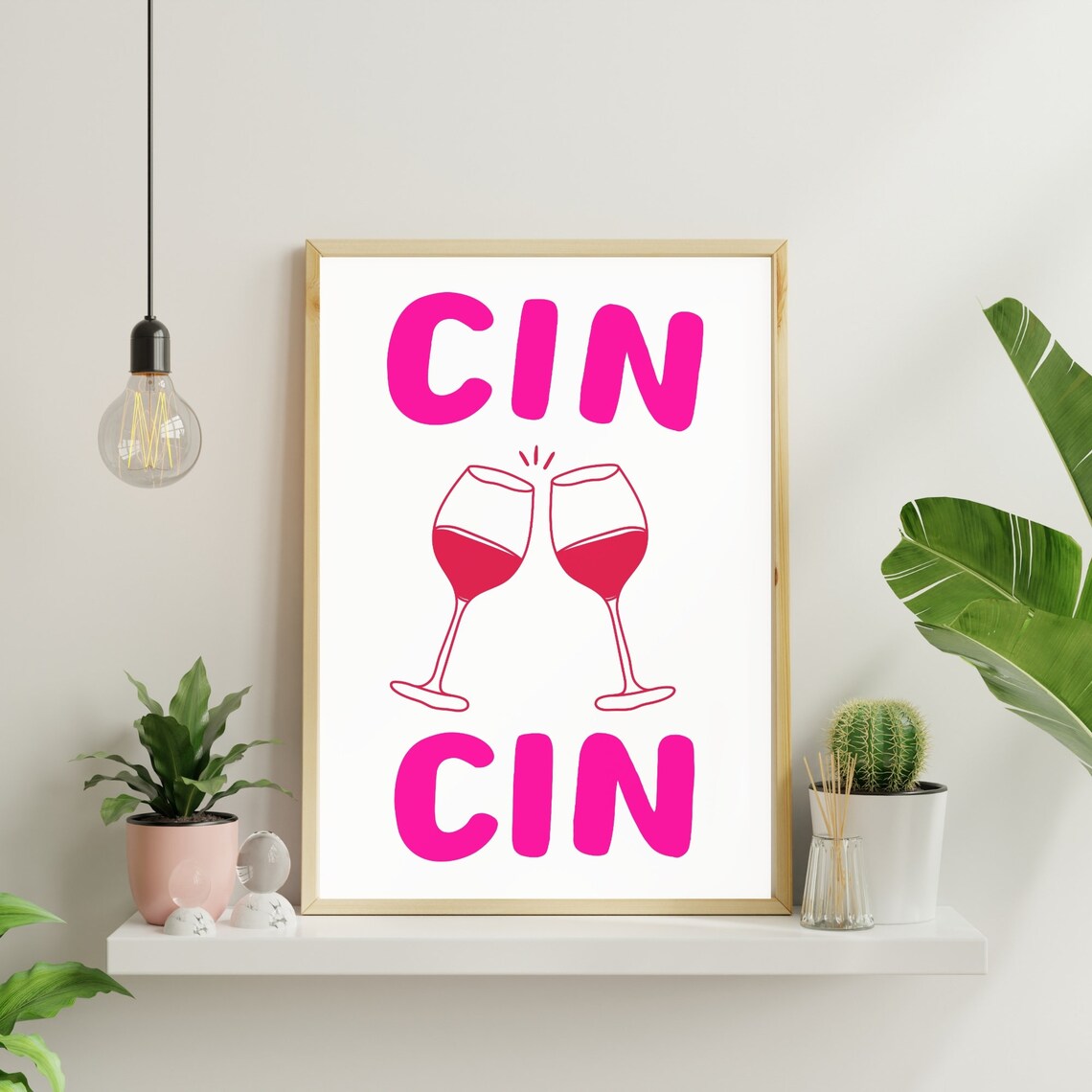 Cin Cin Pink Wine Glass Poster Retro Kitchen Bar Cart Cheers Wall Decor - Image 3