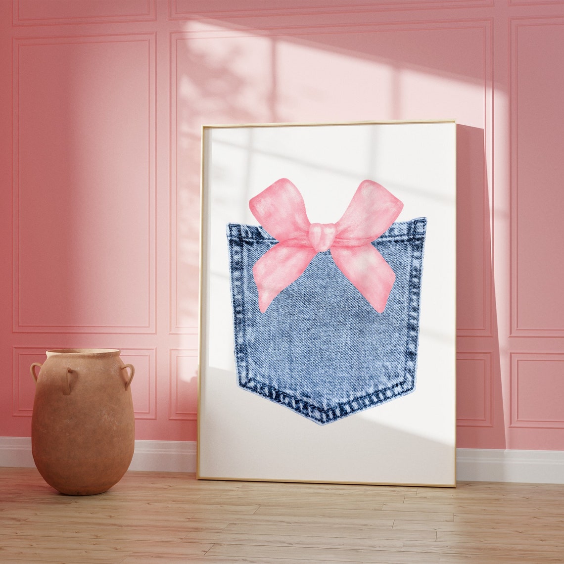 Pink Bow Print Demim Blue Wall Art Denim Prints Western Cowgirl Print Vintage Cowgirl Art Retro Wall Art Gift For Teen Girl - Image 3