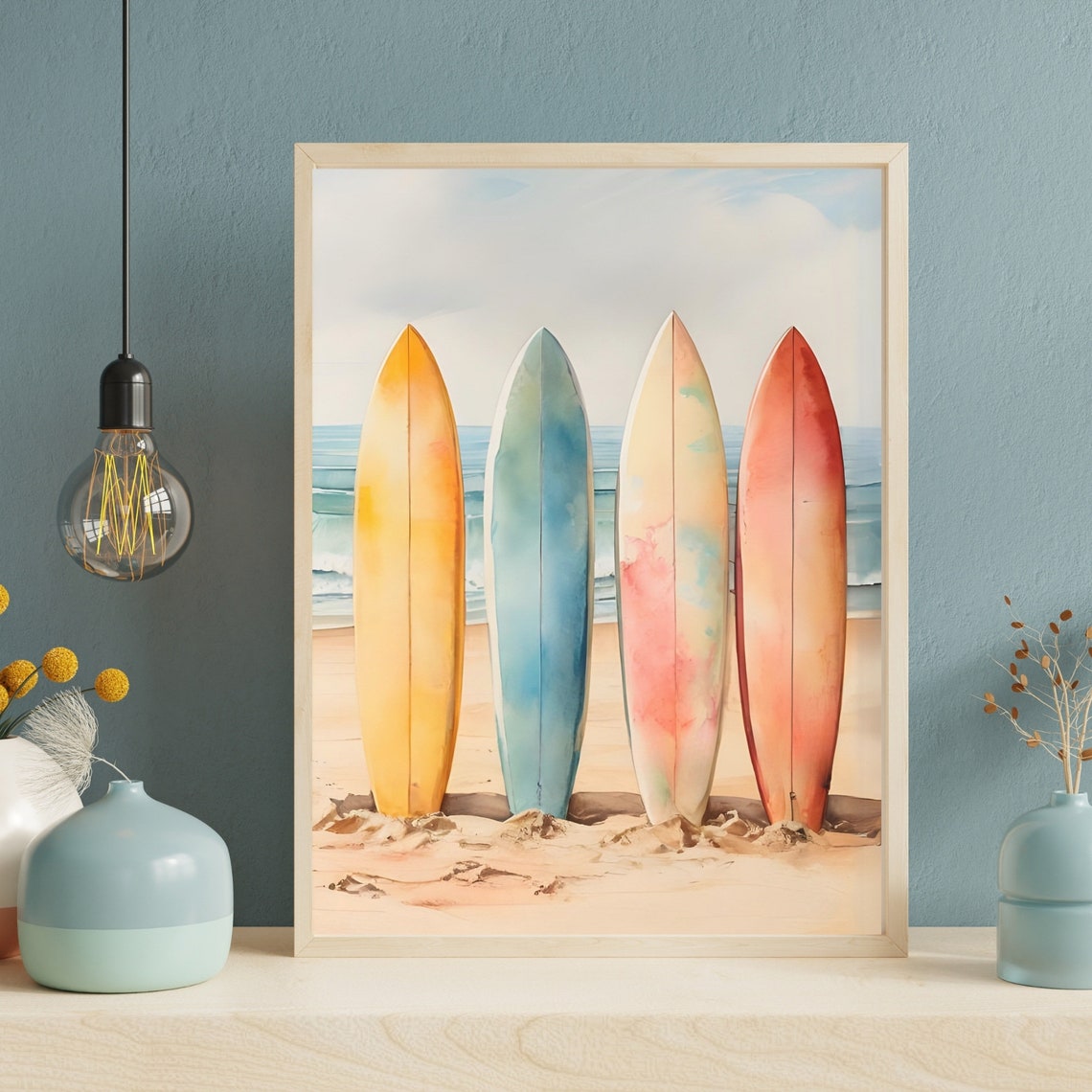 Four Colorful Surfboards Watercolor Beach Scene Surf Art Poster - Image 2